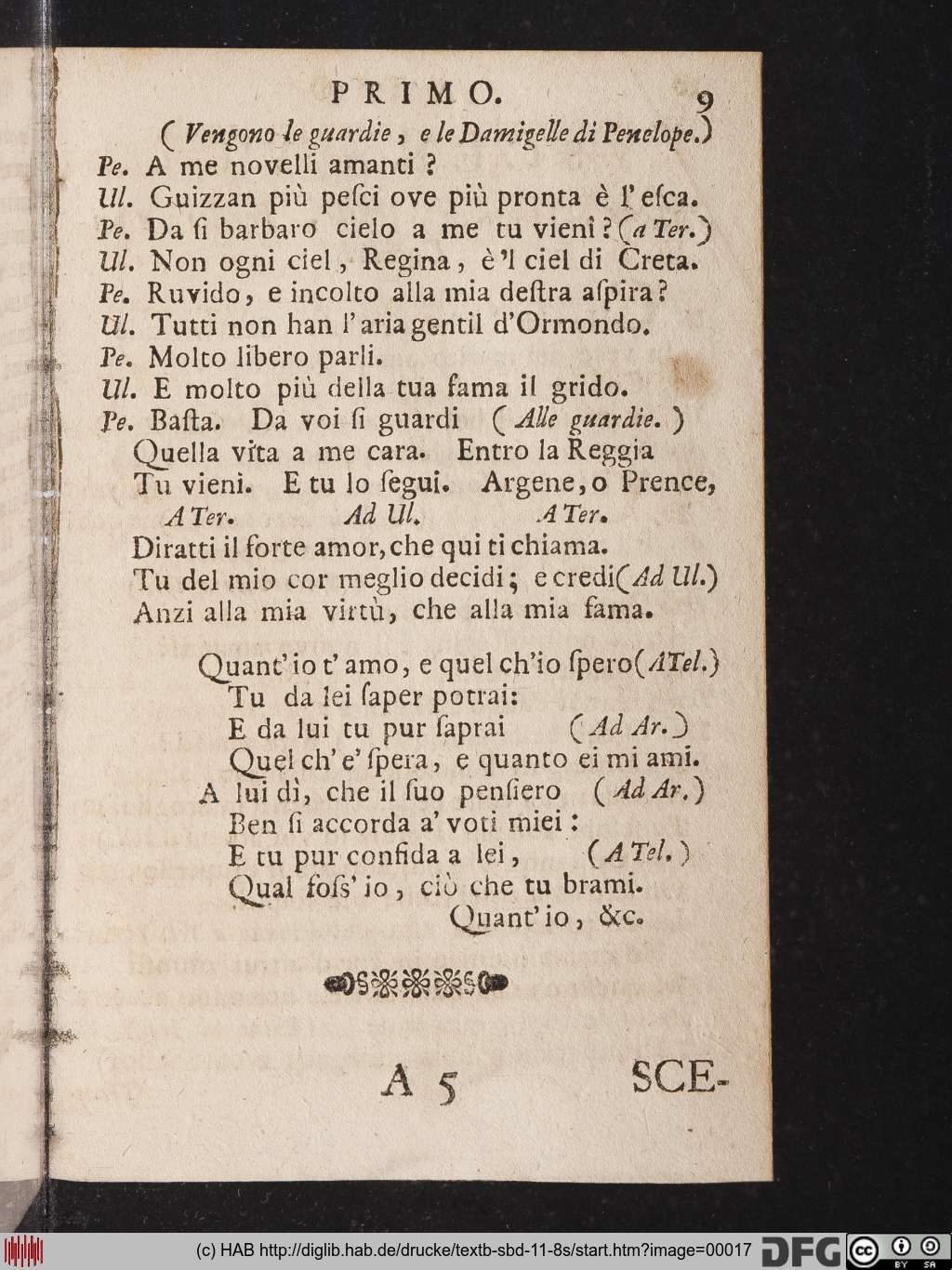 Penelope, S. 9 aus dem italienischen Librettodruck mit verschiedenen typographischen Gestaltungen