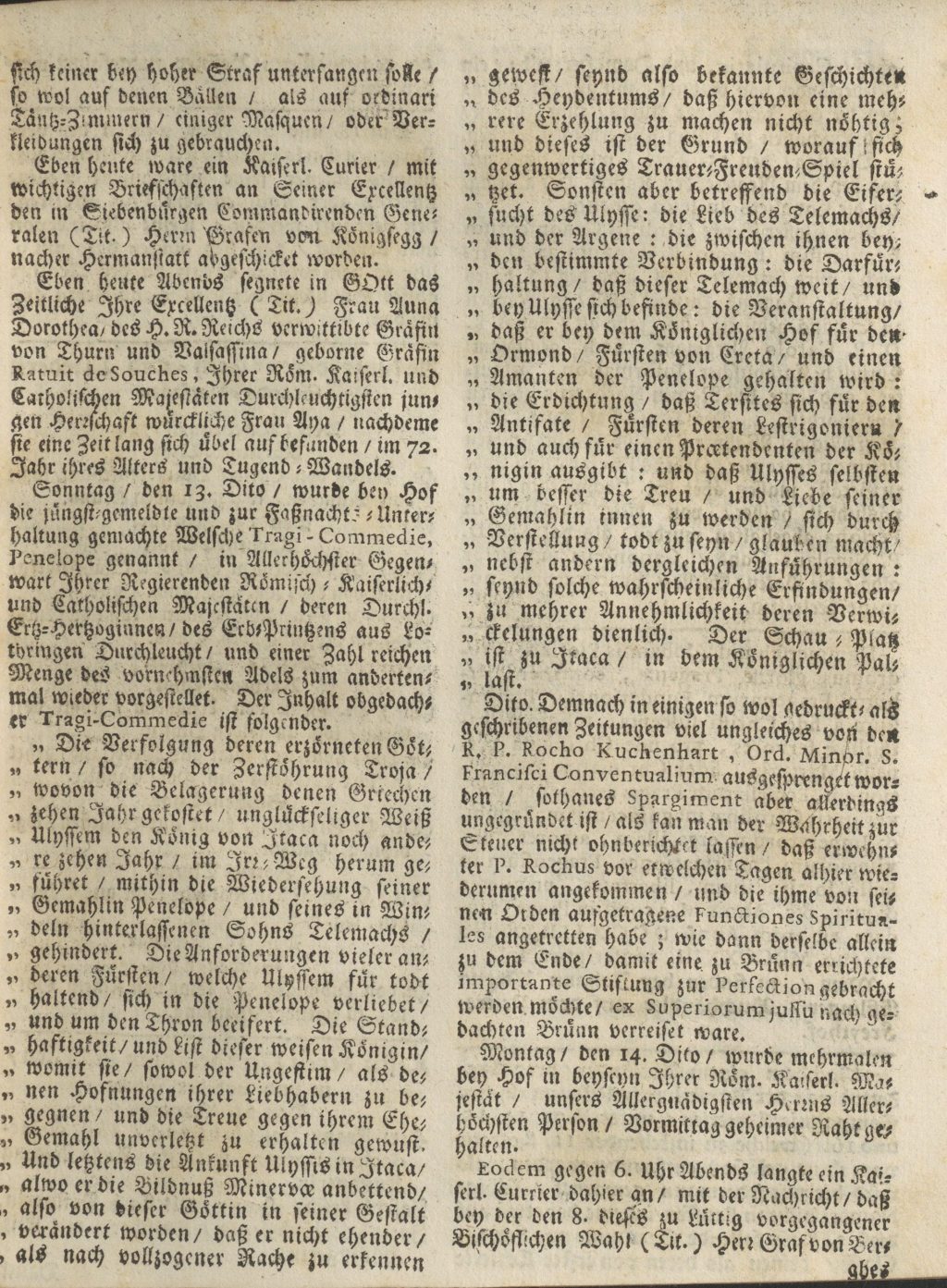 Bericht über die Uraufführung der Penelope, 13.2.1724, Wienerisches Diarium